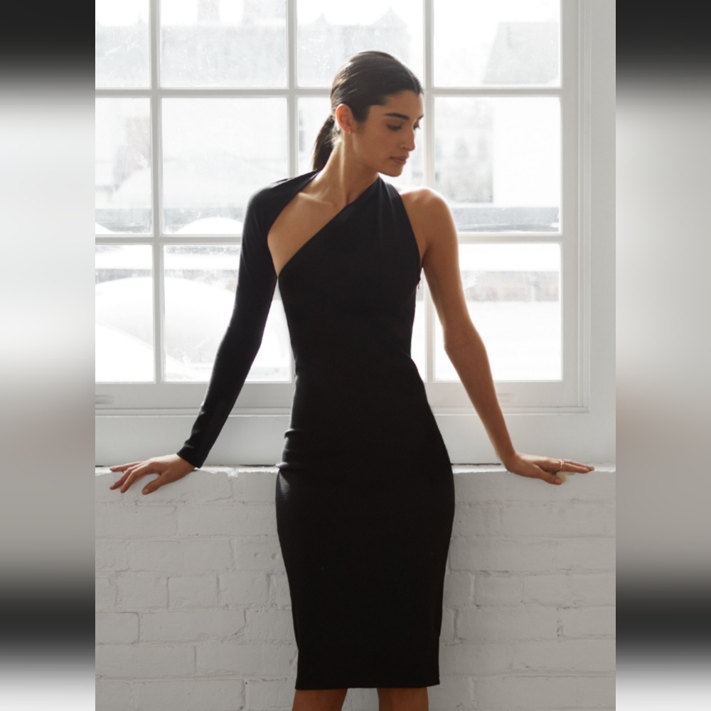 MARCELLA NYC MANHATTAN MIDI DRESS ONE SLEEVE OPEN SHOULDER & BACK BODYCON LARGE